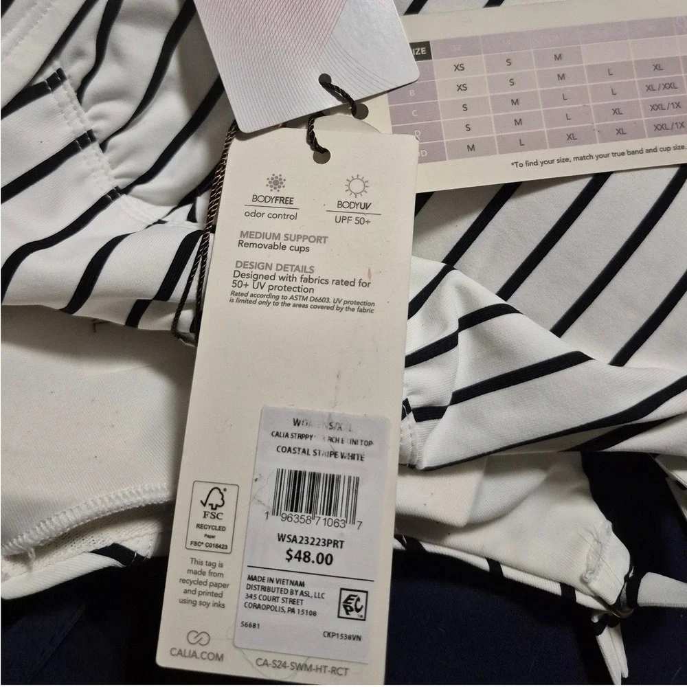 CALIA Bikini Top White Black Striped V-Neck Crisscross Back XXL